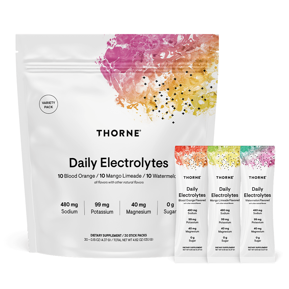 Thorne Daily Electrolytes Variety Pack – 30 stick packs in Blood Orange, Mango Limeade, and Watermelon